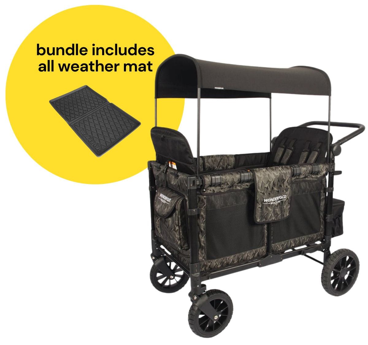 WonderFold W4 Luxe Multifunctional Quad (4 Seater) Stroller Wagon + All Weather Mat Bundle - Shadow Green Camo - W4S2GRNCM-W4m