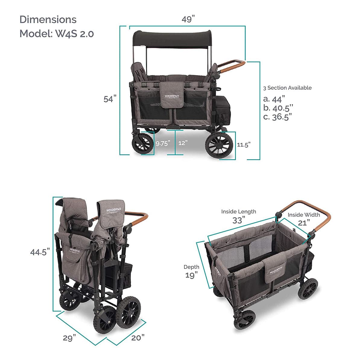 WonderFold W4 Luxe Multifunctional Quad (4 Seater) Stroller Wagon - Charcoal Gray/Black Frame - W4S2GRY