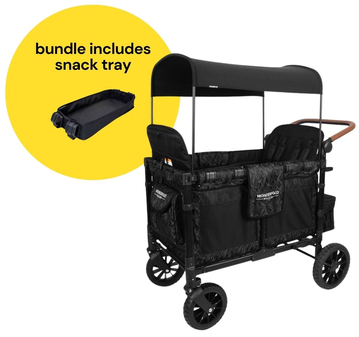 WonderFold W4 Luxe Multifunctional Quad (4 Seater) Stroller Wagon + Snack Tray Bundle - Black Camo - W4LUX-BLKCM-St04