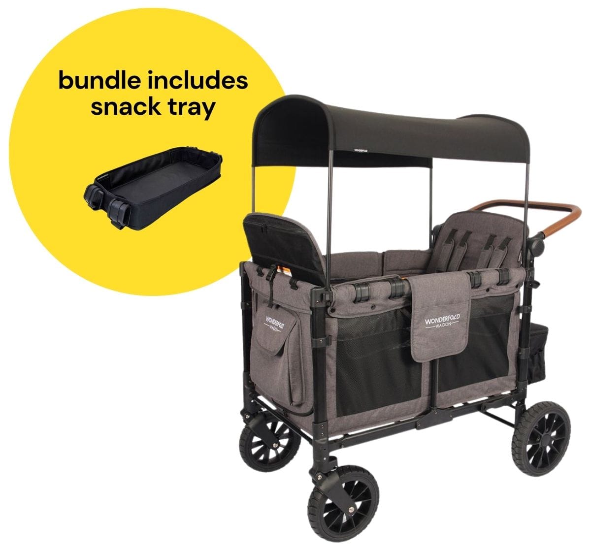 WonderFold W4 Luxe Multifunctional Quad (4 Seater) Stroller Wagon + Snack Tray Bundle - Charcoal Gray/Black Frame - W4S2GRY-St04