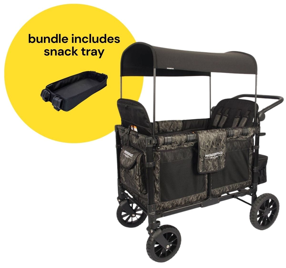 WonderFold W4 Luxe Multifunctional Quad (4 Seater) Stroller Wagon + Snack Tray Bundle - Shadow Green Camo - W4S2GRNCM-St04