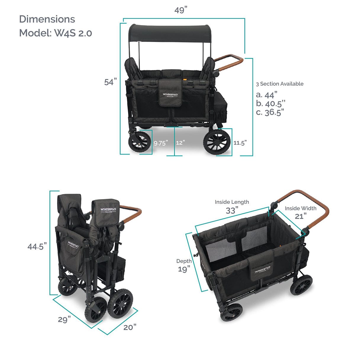 WonderFold W4 Luxe Multifunctional Quad (4 Seater) Stroller Wagon - Volcanic Black - W4S2BLK