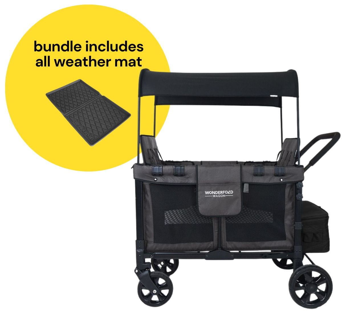 WonderFold W4 Original Quad (4 Seater) Stroller Wagon + All Weather Mat Bundle - Black - W4-BLACK-W4m