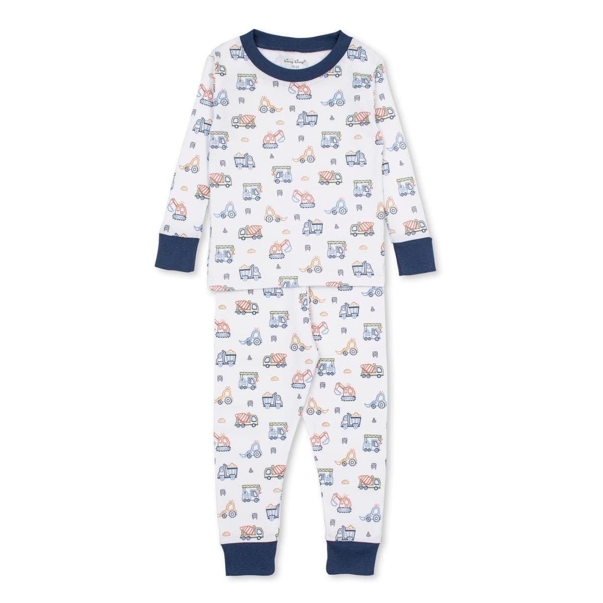 Kissy Kissy long sleeve pajama set with construction vehicle print on white background