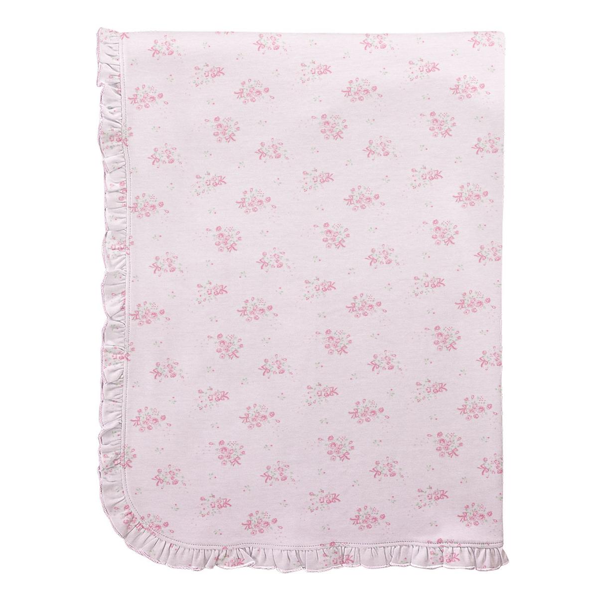 Baby Club Chic light pink baby blanket with floral and ribbon print and ruffled trim