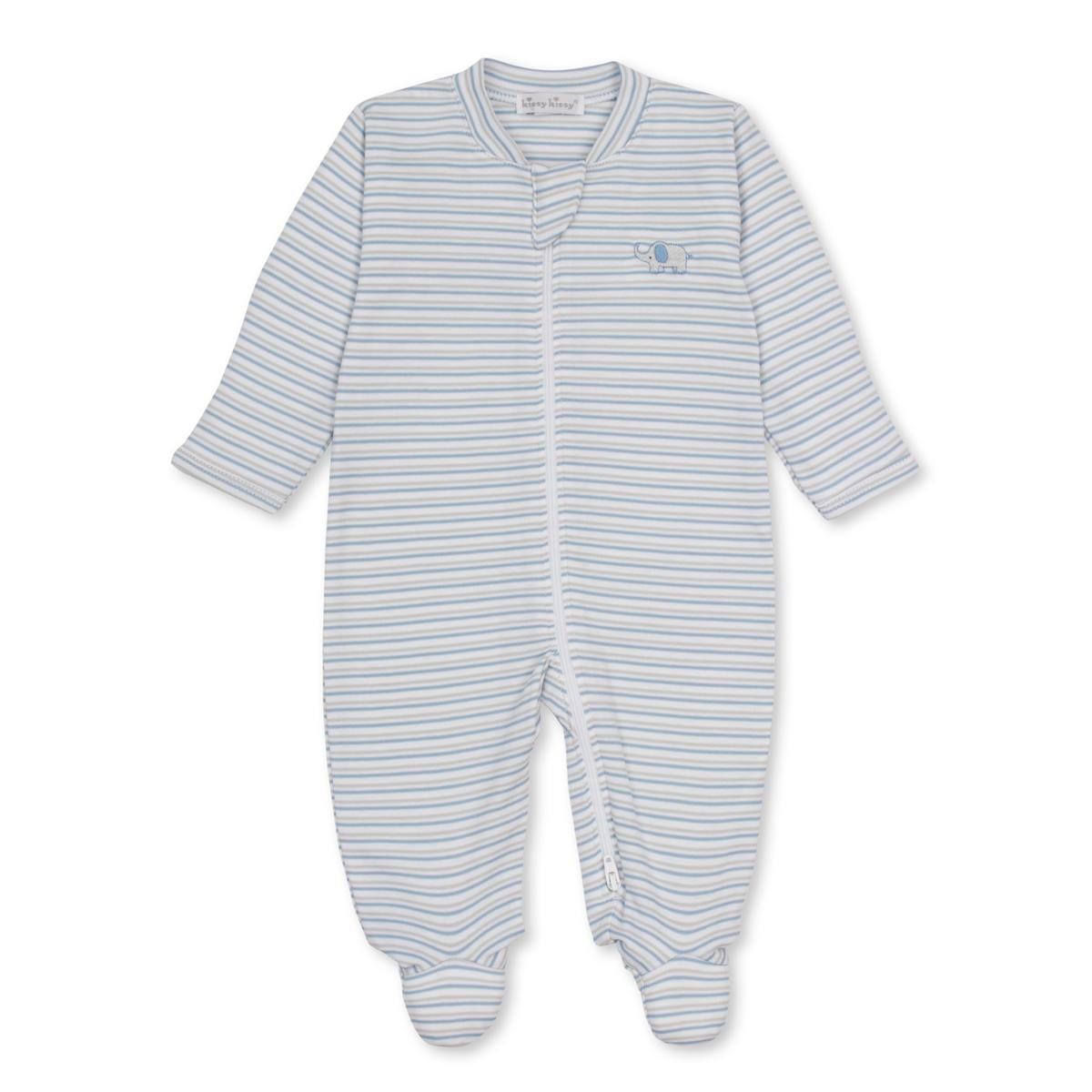 Kissy Kissy blue and white striped footed sleeper with elephant embroidery