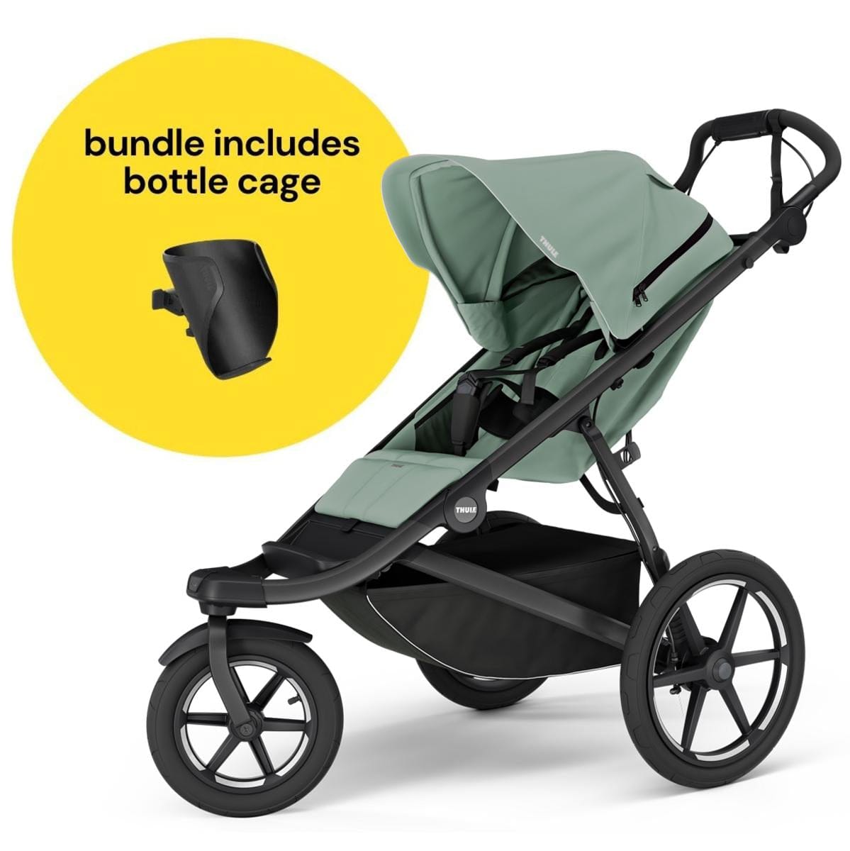 Thule Urban Glide 3 Single Jogging Stroller with NON-Magnetic Buckle + Bottle Cage Bundle - Mist Green