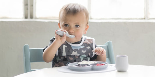 A happy baby wearing a dinosaur bib eats from a divided plate, showcasing helpful mealtime tools.
