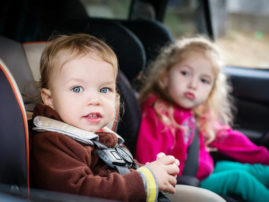 Two young children sit in car seats, buckled in for safety. The forward-facing child looks curious, while their sibling seems uninterested.
