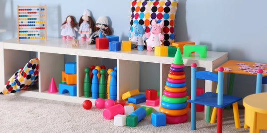 A bright, inviting playroom scene with colorful toys displayed on shelves and the floor, inspiring a playful mood.
