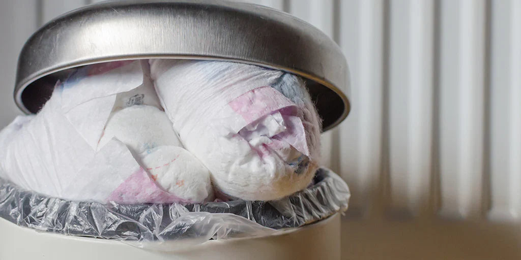 A diaper pail overflowing with used diapers conveys the unpleasant reality of diaper disposal and need for odor control. 
