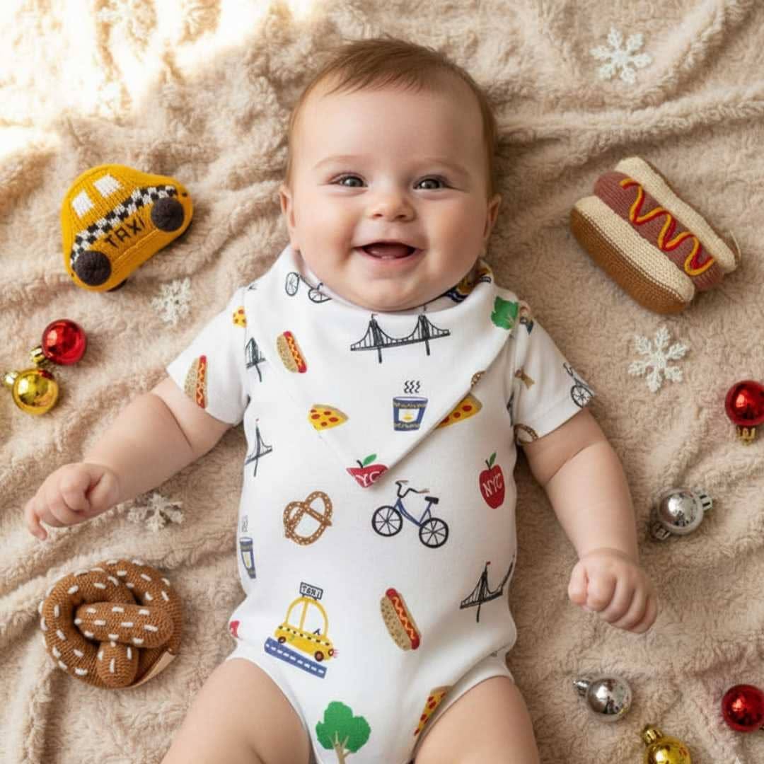 Estella Organic Baby Bib Kerchief Reversible Big City All Over Print