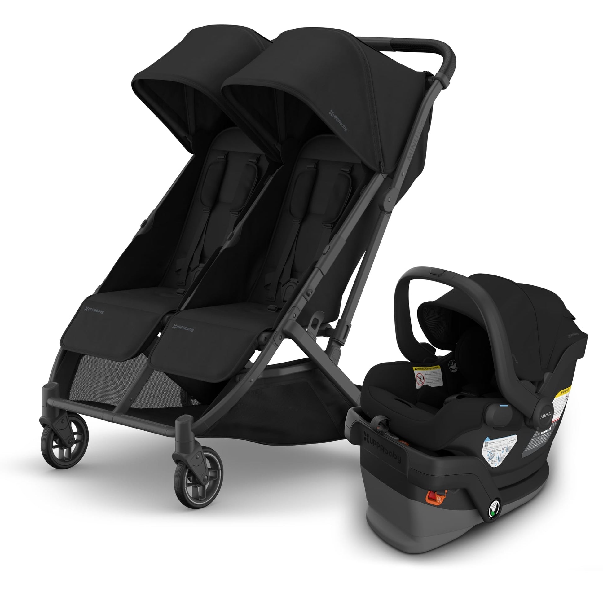 UPPAbaby Minu Duo Compact Double Stroller + Mesa V3 Travel System Bundle