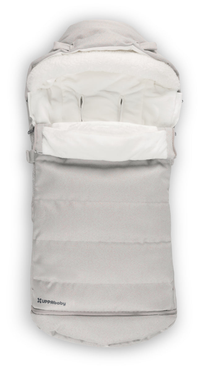 Light grey UPPAbaby footmuff with white fleece lining