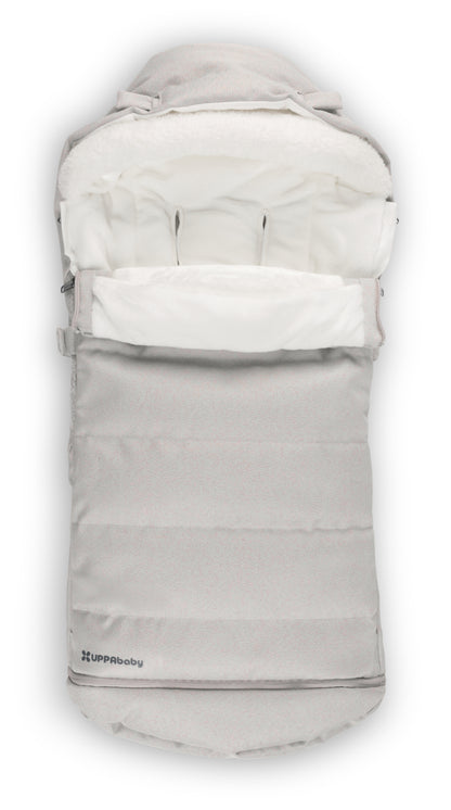 Light grey UPPAbaby footmuff with white fleece lining