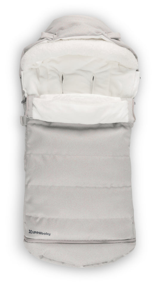 Light grey UPPAbaby footmuff with white fleece lining
