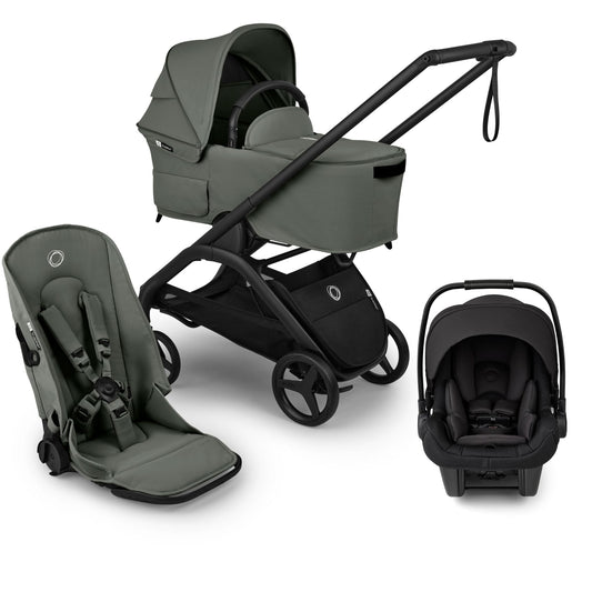 Bugaboo Dragonfly Plus Seat & Bassinet Complete Stroller + Turtle Air Shield Travel System Bundle - Black / Forest Green / Black
