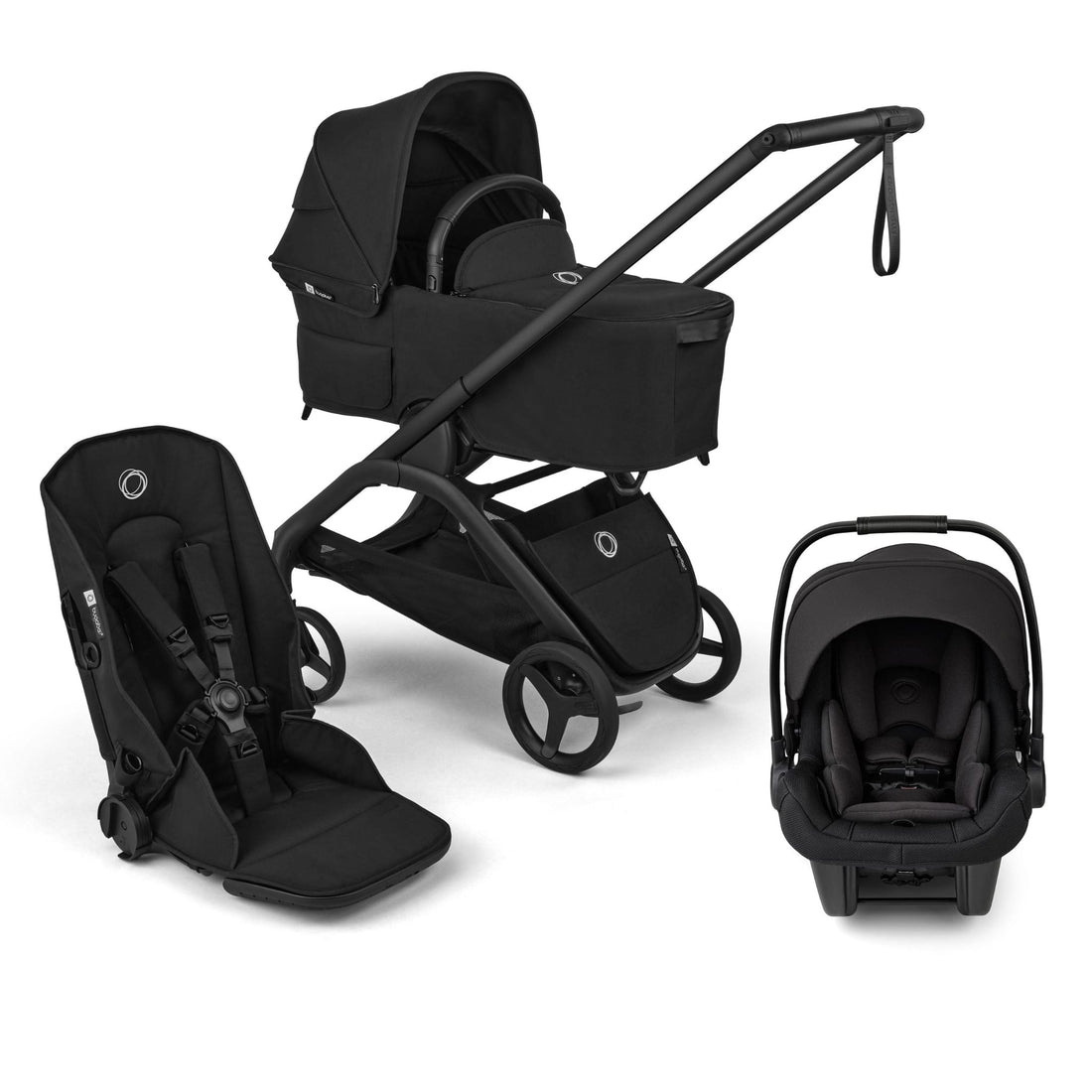 Bugaboo stroller with bassinet, seat unit, and infant car seat in black