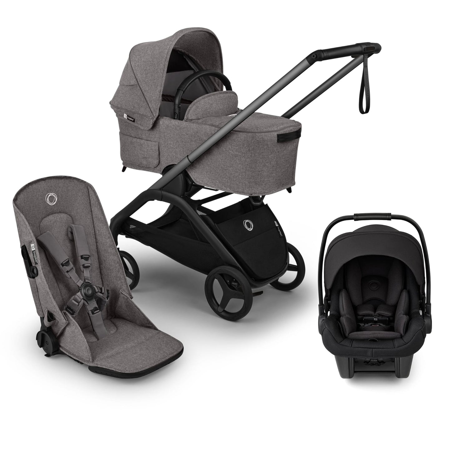 Bugaboo Dragonfly Plus Seat & Bassinet Complete Stroller + Turtle Air Shield Travel System Bundle - Graphite / Grey Melange / Black