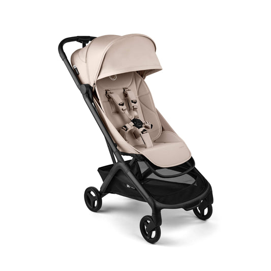 Bugaboo beige stroller with black frame and five point harness