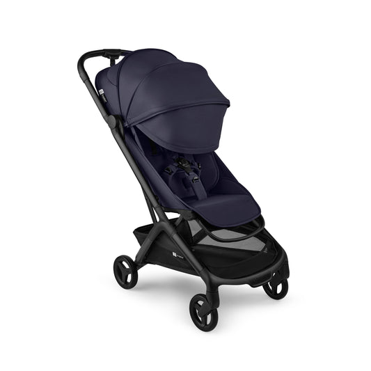 Bugaboo Butterfly stroller in midnight black with five point harness and underseat basket