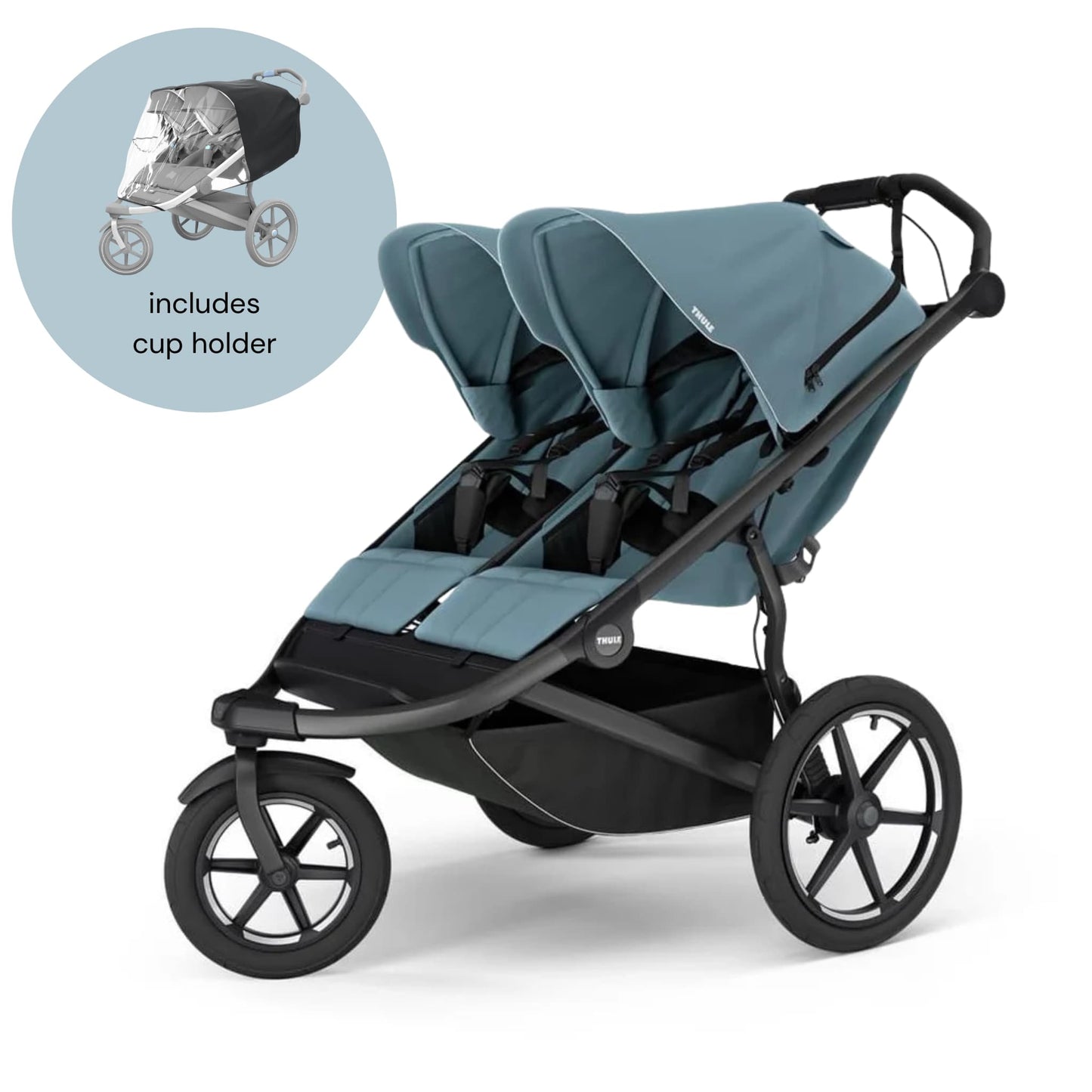 Thule Urban Glide 3 Double Jogging Stroller with Magnetic Buckle + Rain Cover Bundle - Mid Blue