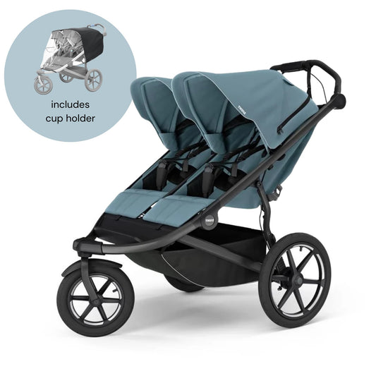 Thule Urban Glide 3 Double Jogging Stroller with Magnetic Buckle + Rain Cover Bundle - Mid Blue