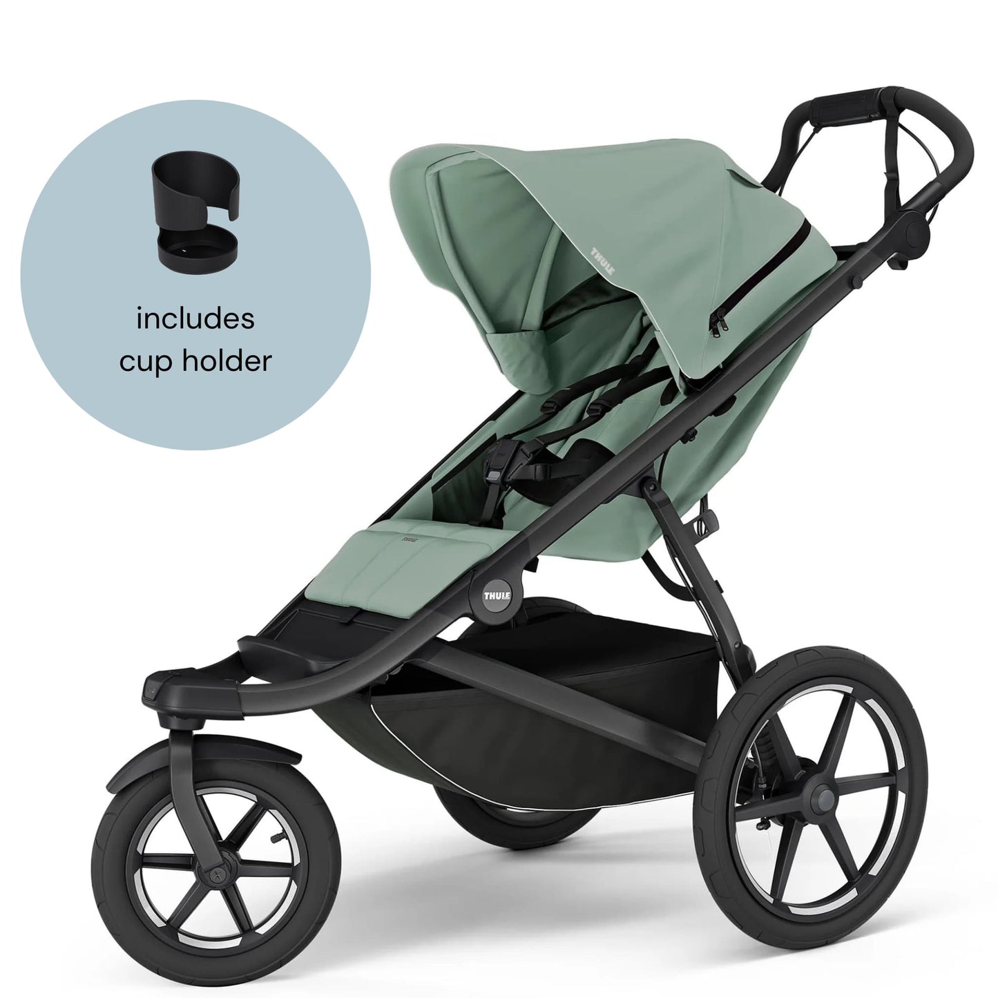 Thule Urban Glide 3 Single Jogging Stroller with Magnetic Buckle + Cup Holder Bundle - Mist Green