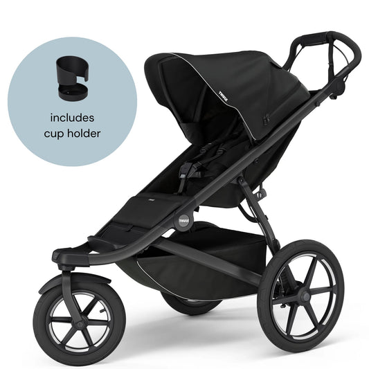 Thule Urban Glide 3 Single Jogging Stroller with Magnetic Buckle + Cup Holder Bundle - Black