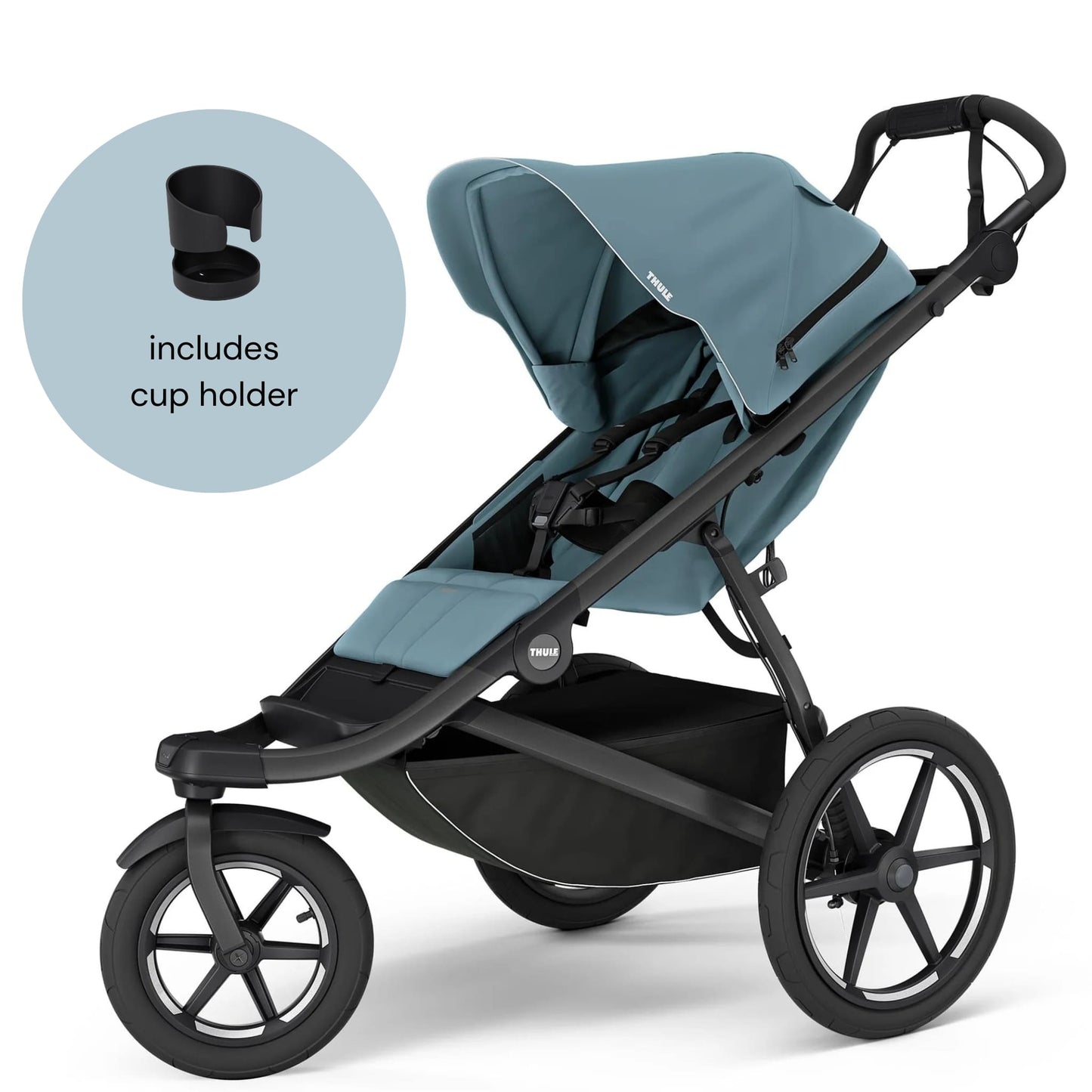 Thule Urban Glide 3 Single Jogging Stroller with Magnetic Buckle + Cup Holder Bundle - Mid Blue