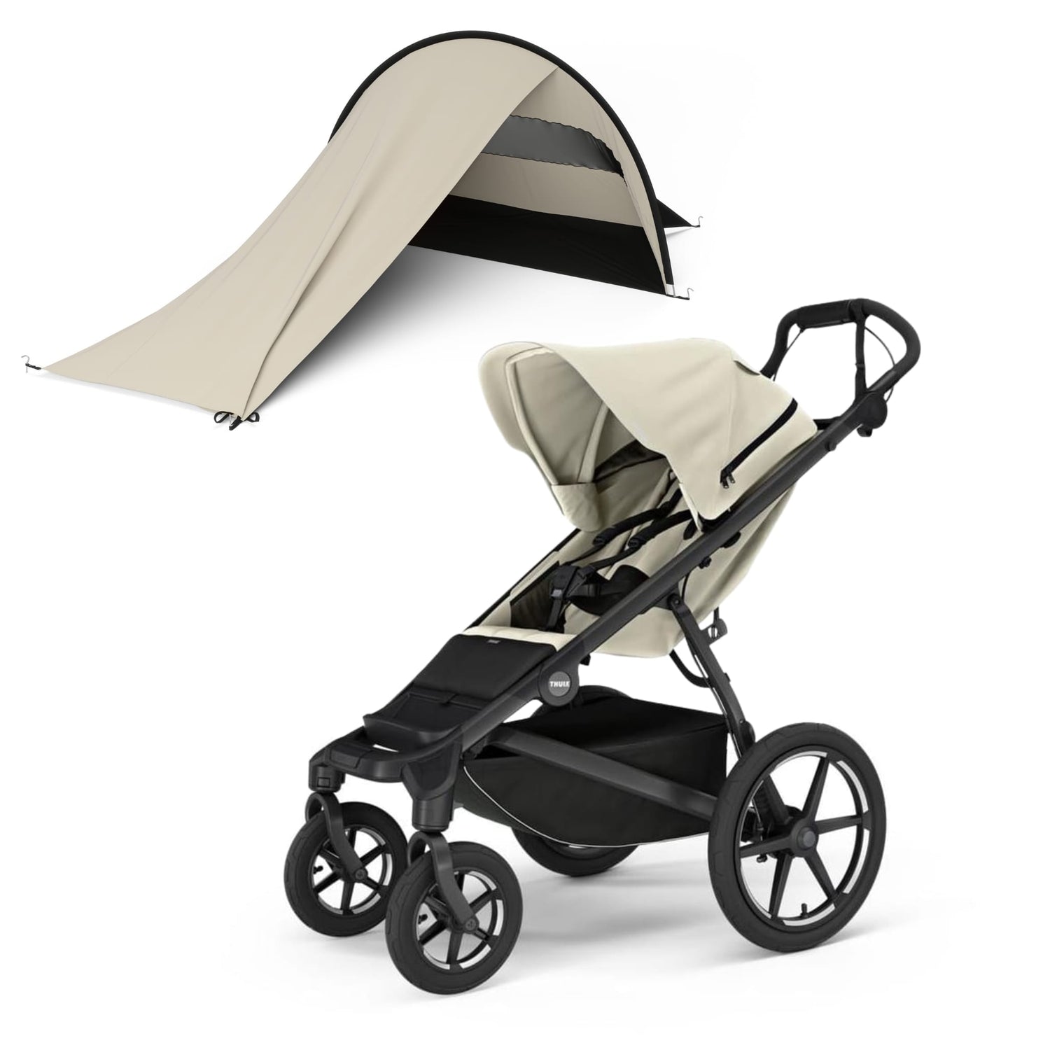 Thule stroller with beige canopy and matching sun shade accessory