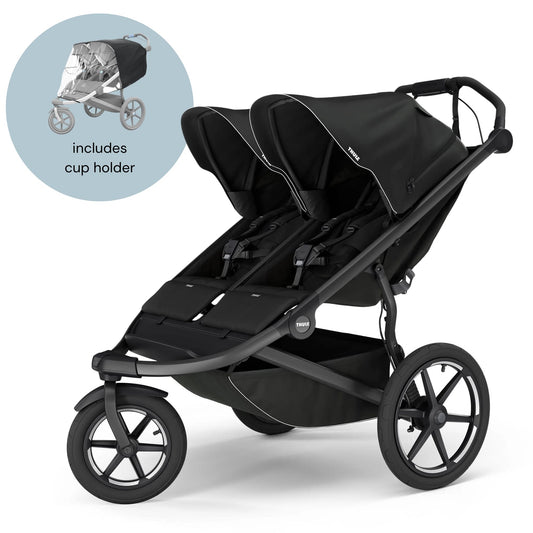 Thule Urban Glide 3 Double Jogging Stroller with Magnetic Buckle + Rain Cover Bundle - Black