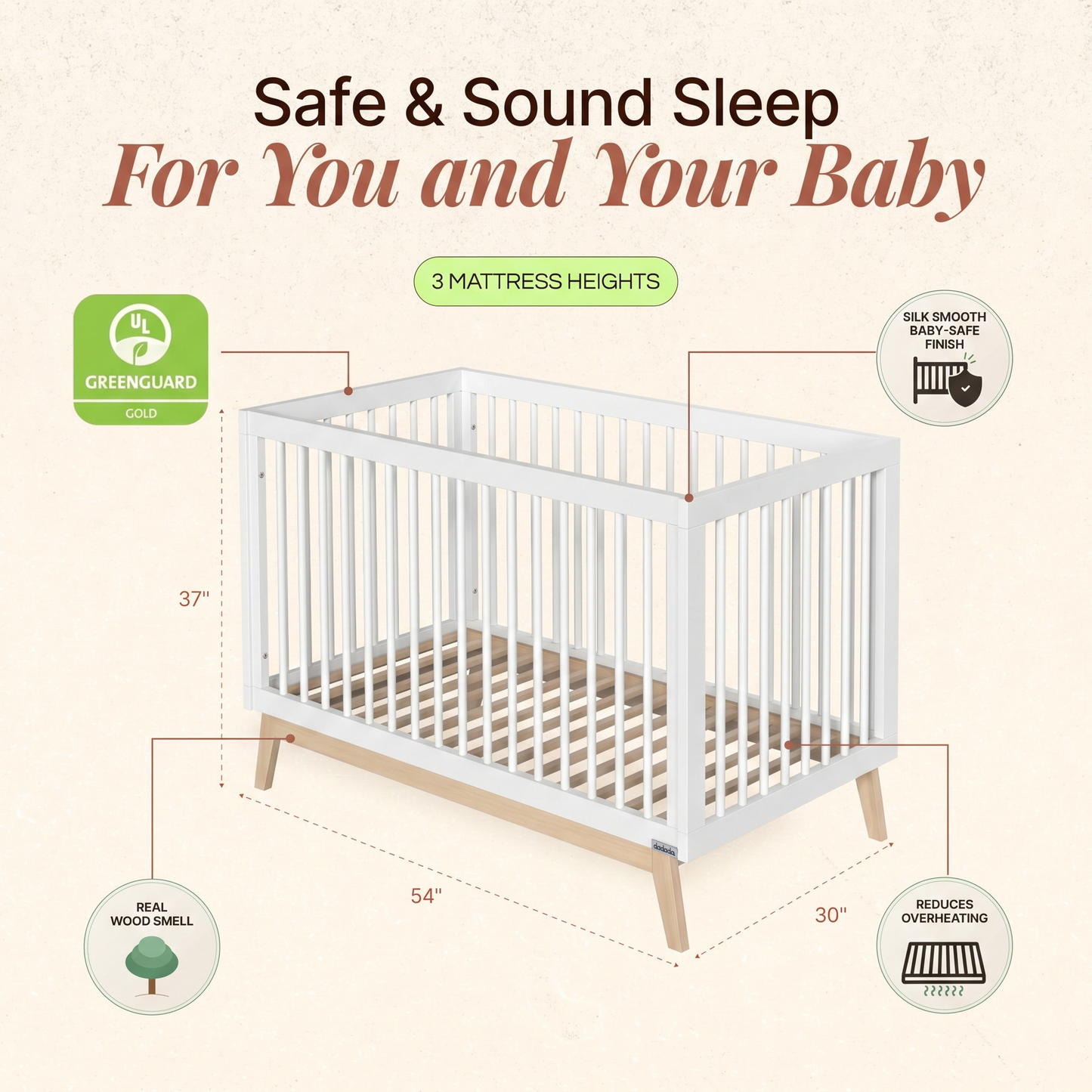 dadada Soho 3-in-1 Convertible Crib - White/Natural