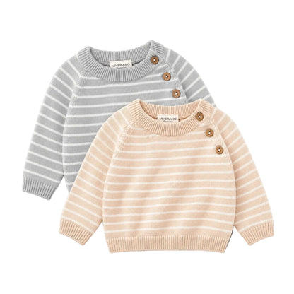 Viverano Organics Milan Knit Baby Stripe Button Pullover - Heather Grey, 3-6M