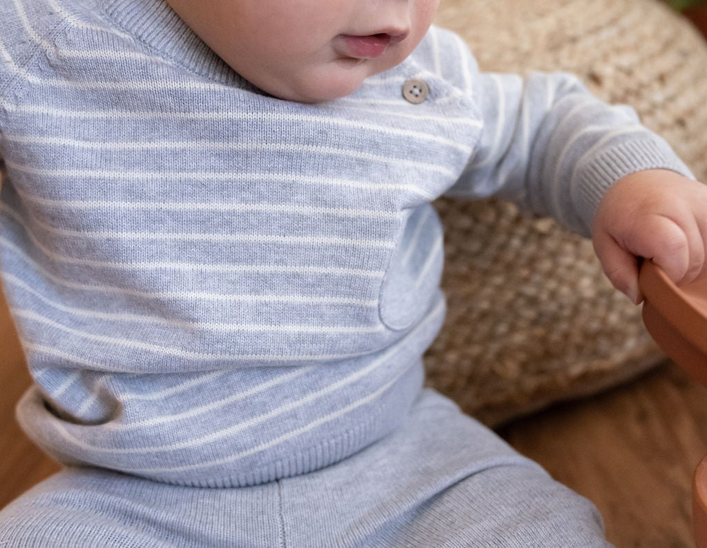 Viverano Organics Milan Knit Baby Stripe Button Pullover - Heather Grey, 3-6M