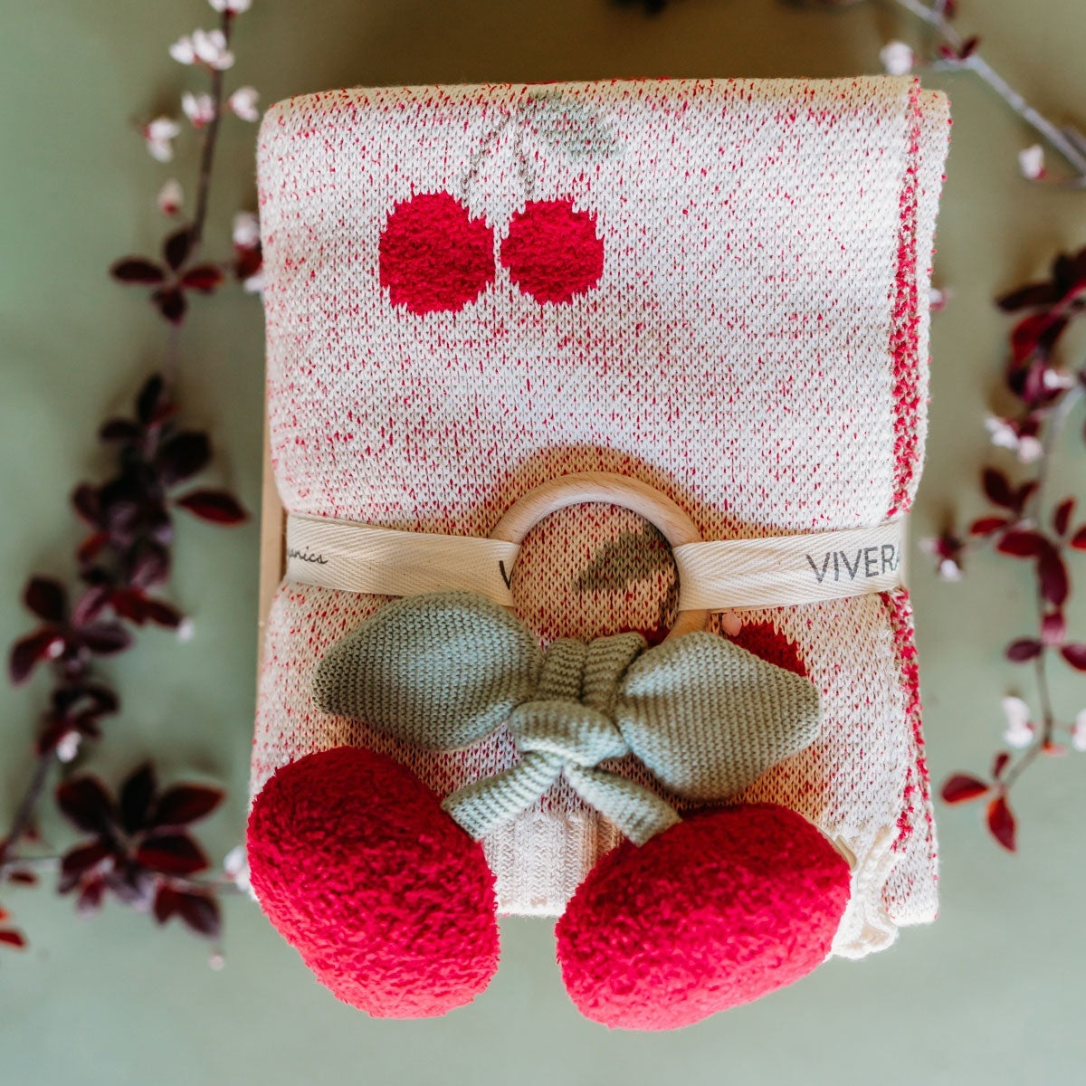 Viverano Organics Cherry Organic Baby Blanket + Ring Rattle Toy Gift Set - Natural, One Size