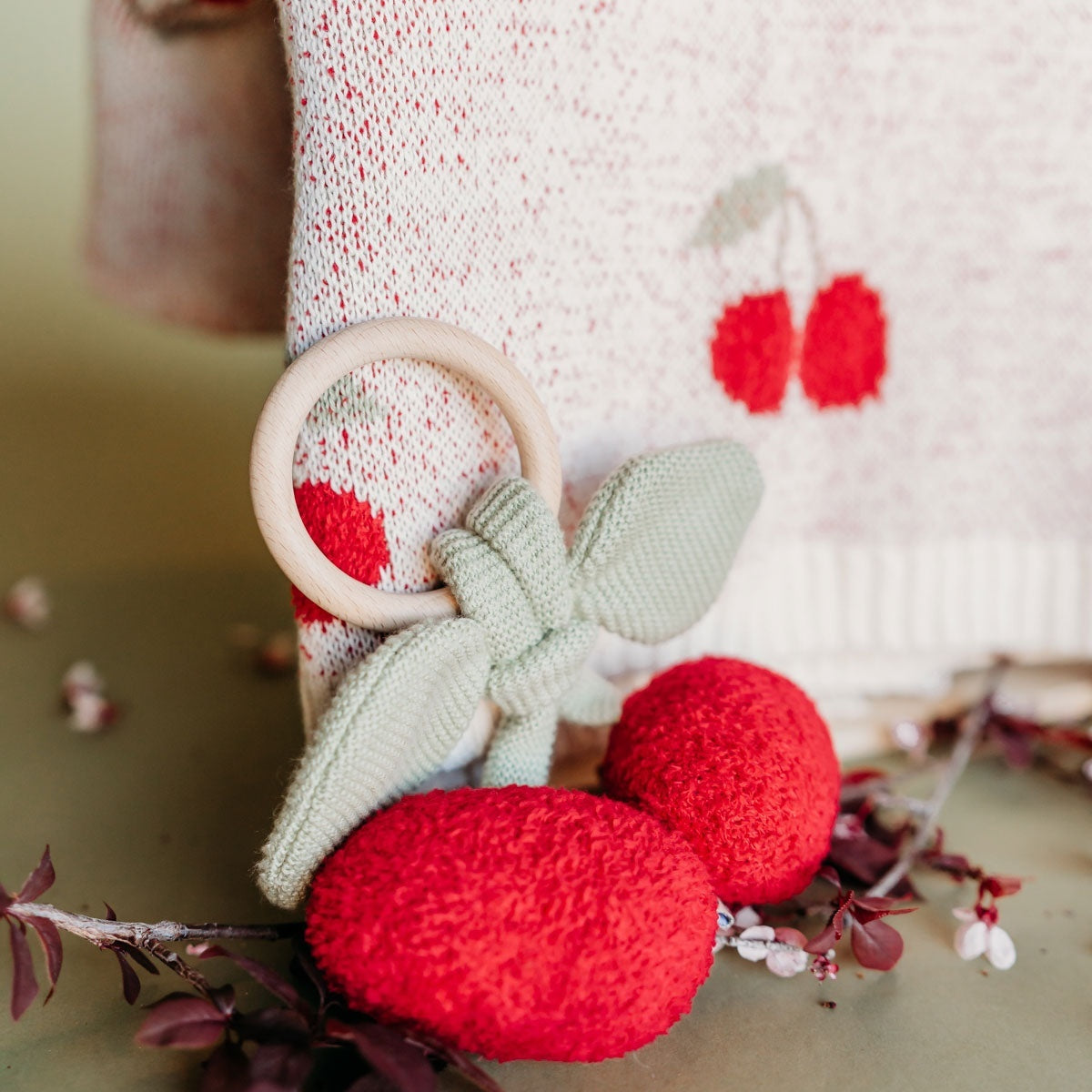 Viverano Organics Cherry Organic Baby Blanket + Ring Rattle Toy Gift Set - Natural, One Size