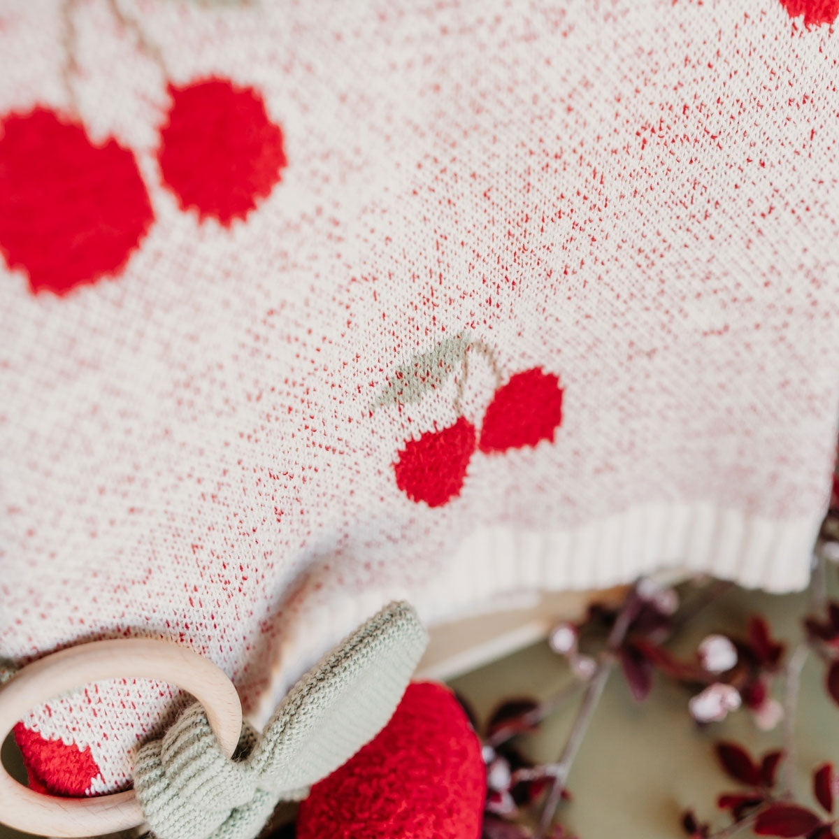 Viverano Organics Cherry Organic Baby Blanket + Ring Rattle Toy Gift Set - Natural, One Size
