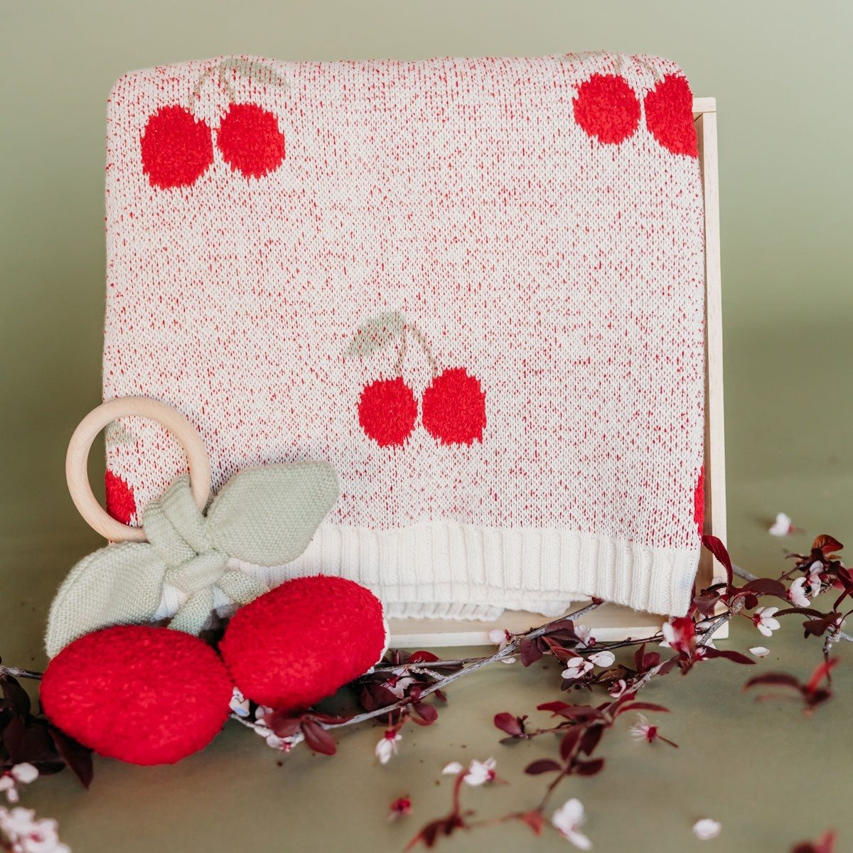 Viverano Organics Cherry Organic Baby Blanket + Ring Rattle Toy Gift Set - Natural, One Size