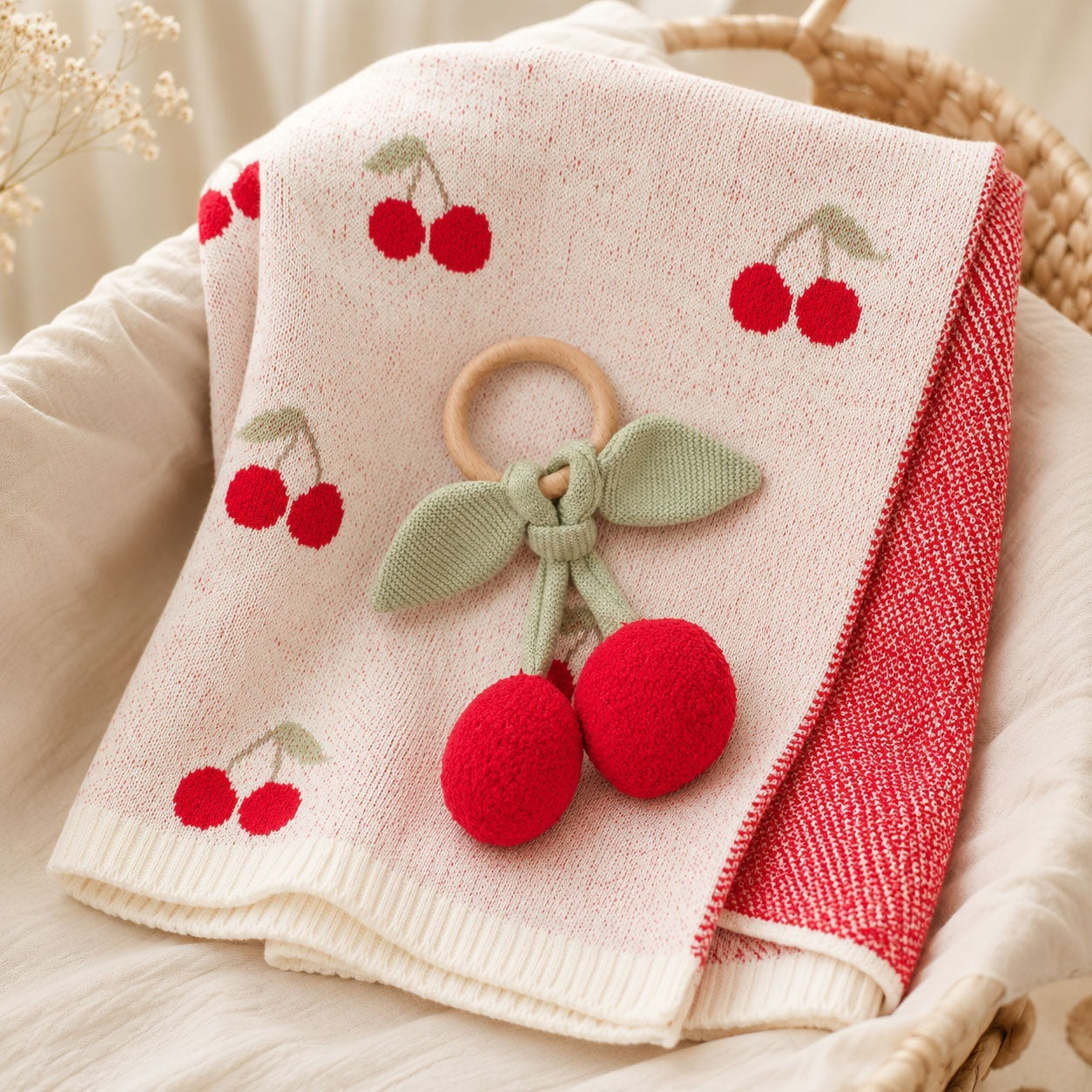 Viverano Organics Cherry Organic Baby Blanket + Ring Rattle Toy Gift Set - Natural, One Size