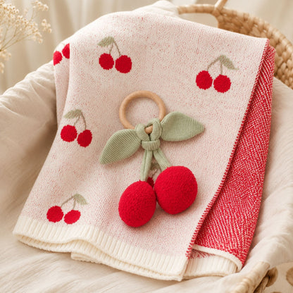 Viverano Organics Cherry Organic Baby Blanket + Ring Rattle Toy Gift Set - Natural, One Size