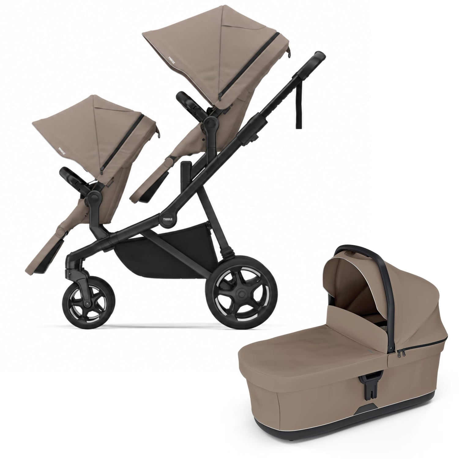 Thule double stroller with two tan seats and a separate matching bassinet