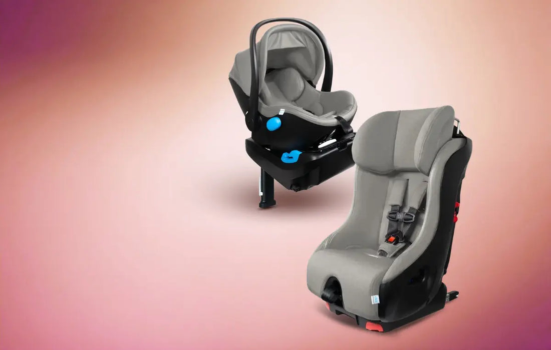 Chicco Fit360 Car seat with girl getting buckled in sitting inside of a beige car interior.