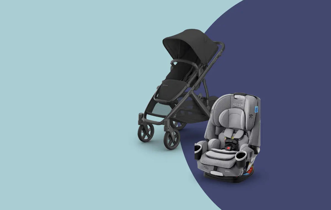 uppababy vista in jake and graco convertible car seat against a blue background.