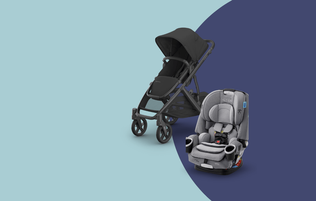 uppababy vista in jake and graco convertible car seat against a blue background.