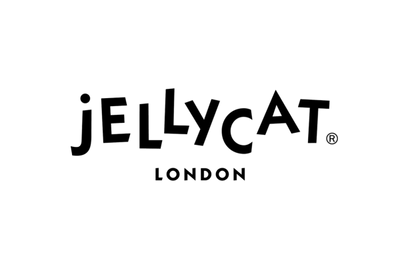 Black "JELLYCAT. LONDON" logo on a solid green background, with stylized letters and a registered trademark symbol.