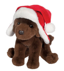 Douglas Chocolate Lab with Santa Bomber Hat