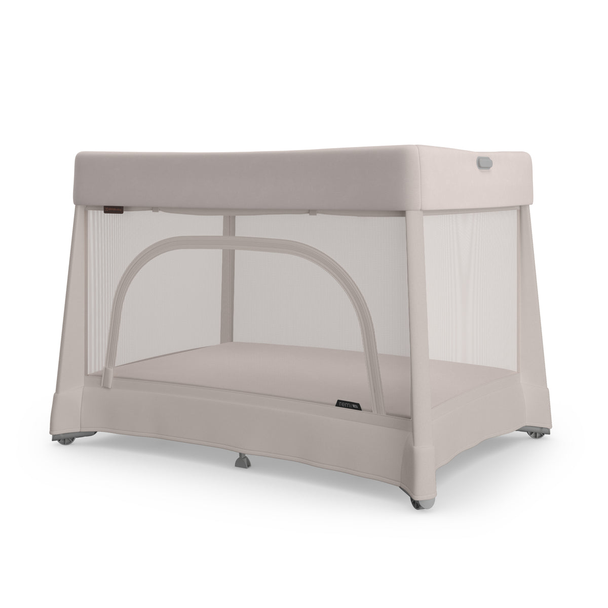 UPPAbaby Remi playard in beige with mesh sides and zippered side opening