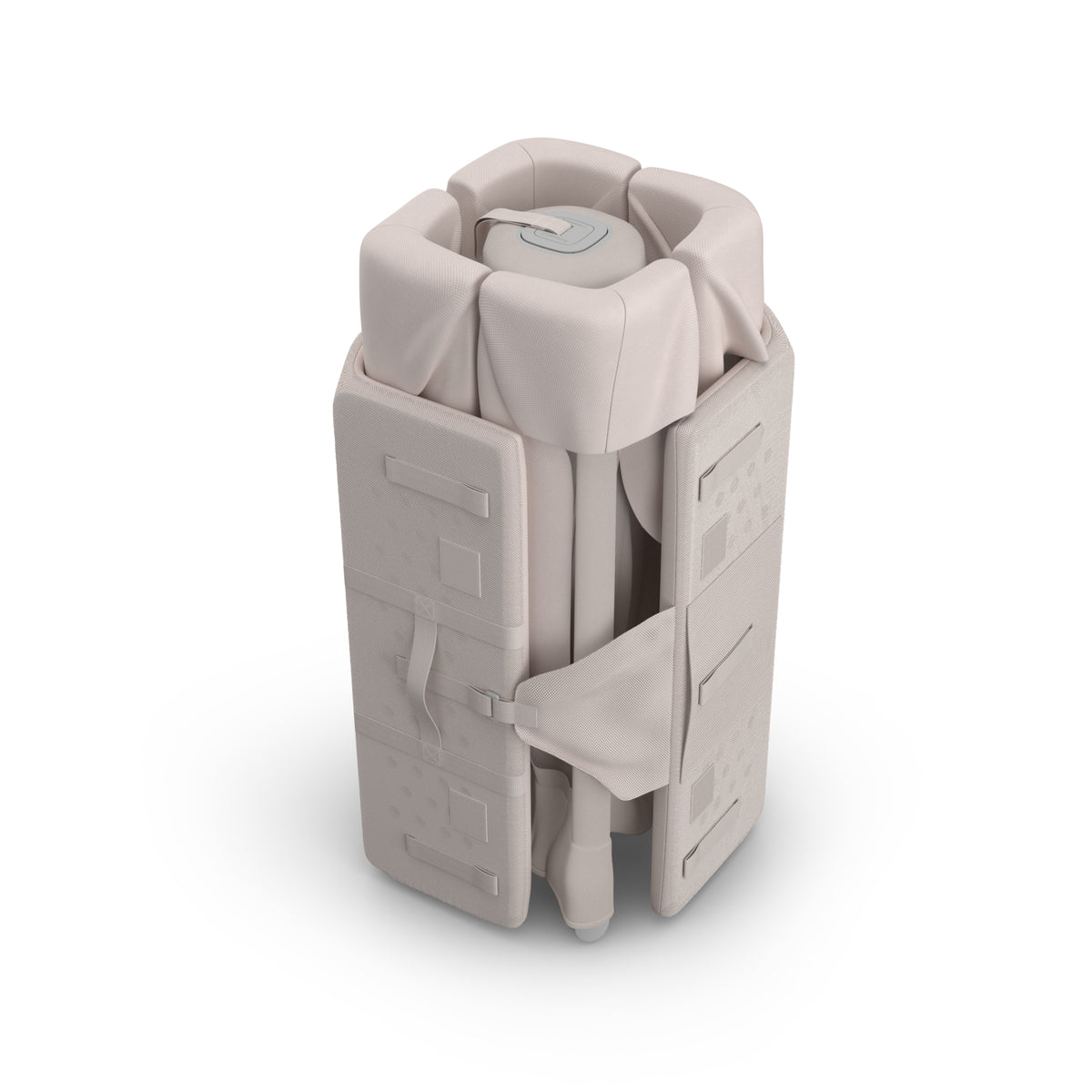 Folded UPPAbaby travel crib in beige fabric