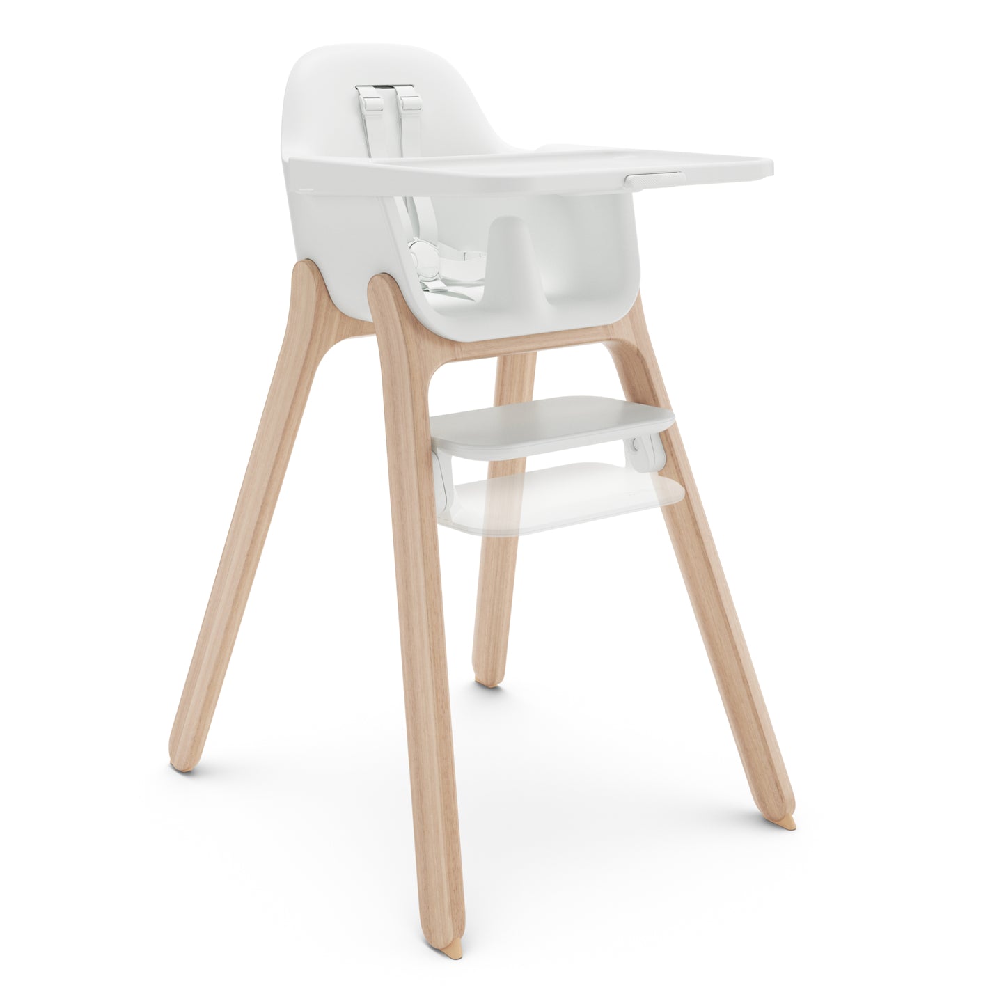 White high chair with light wood legs and adjustable tray